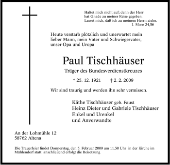 Traueranzeige von Paul Tischhäuser von Tageszeitung