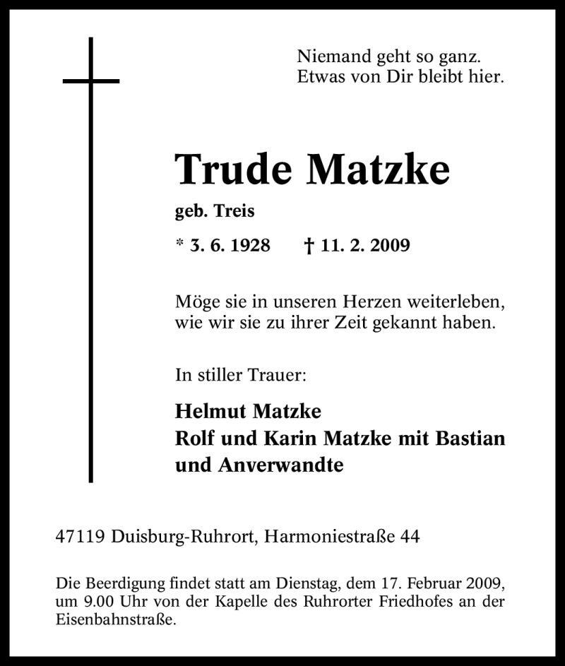  Traueranzeige für Trude Matzke vom 13.02.2009 aus Tageszeitung