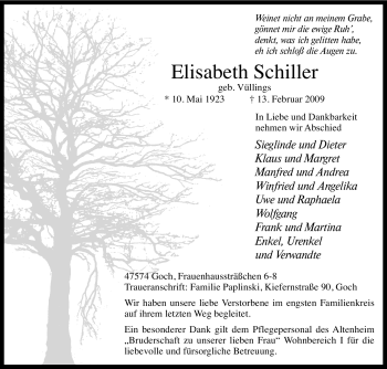 Traueranzeige von Elisabeth Schiller von Tageszeitung