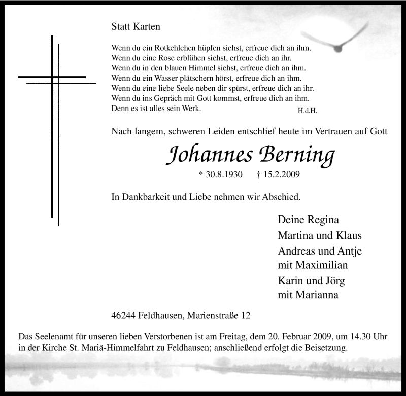  Traueranzeige für Johannes Berning vom 17.02.2009 aus Tageszeitung