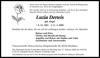 Traueranzeige von Luzia Derwis von Tageszeitung