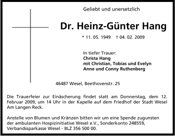 Traueranzeige von Heinz-Günter Hang von Tageszeitung