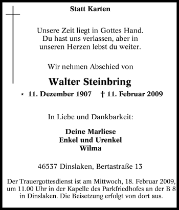 Traueranzeige von Walter Steinbring von Tageszeitung