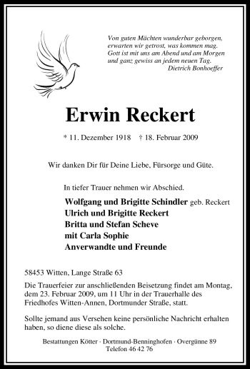 Traueranzeige von Erwin Reckert von Tageszeitung