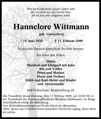 Traueranzeige von Hannelore Wittmann von Tageszeitung