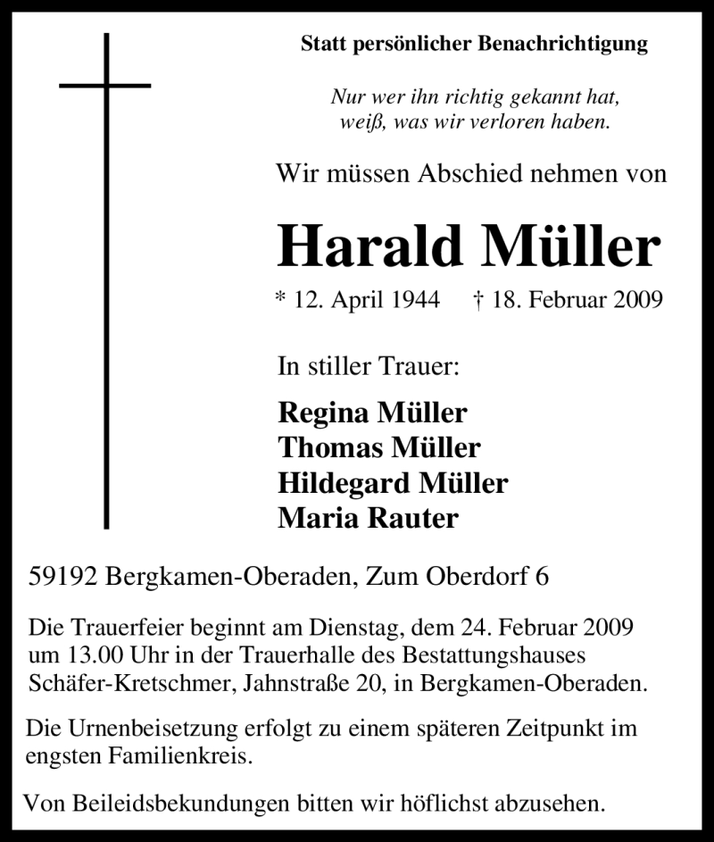  Traueranzeige für Harald Müller vom 20.02.2009 aus Tageszeitung