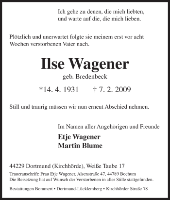 Traueranzeige von Ilse Wagener von Tageszeitung