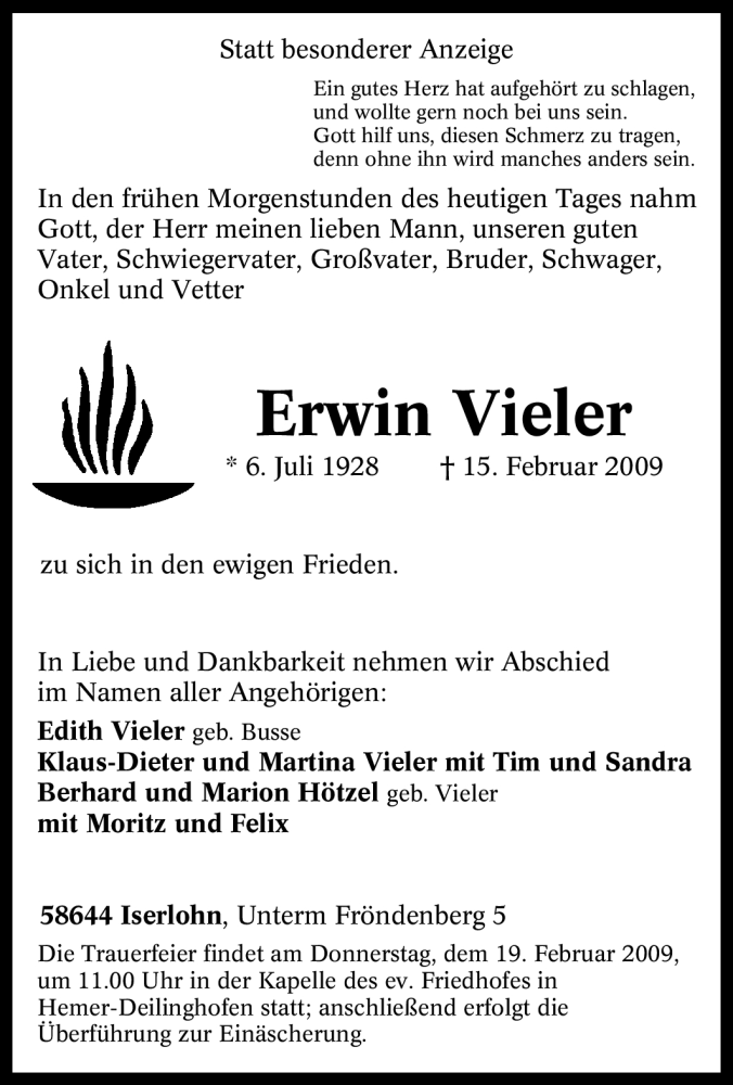  Traueranzeige für Erwin Vieler vom 17.02.2009 aus Tageszeitung