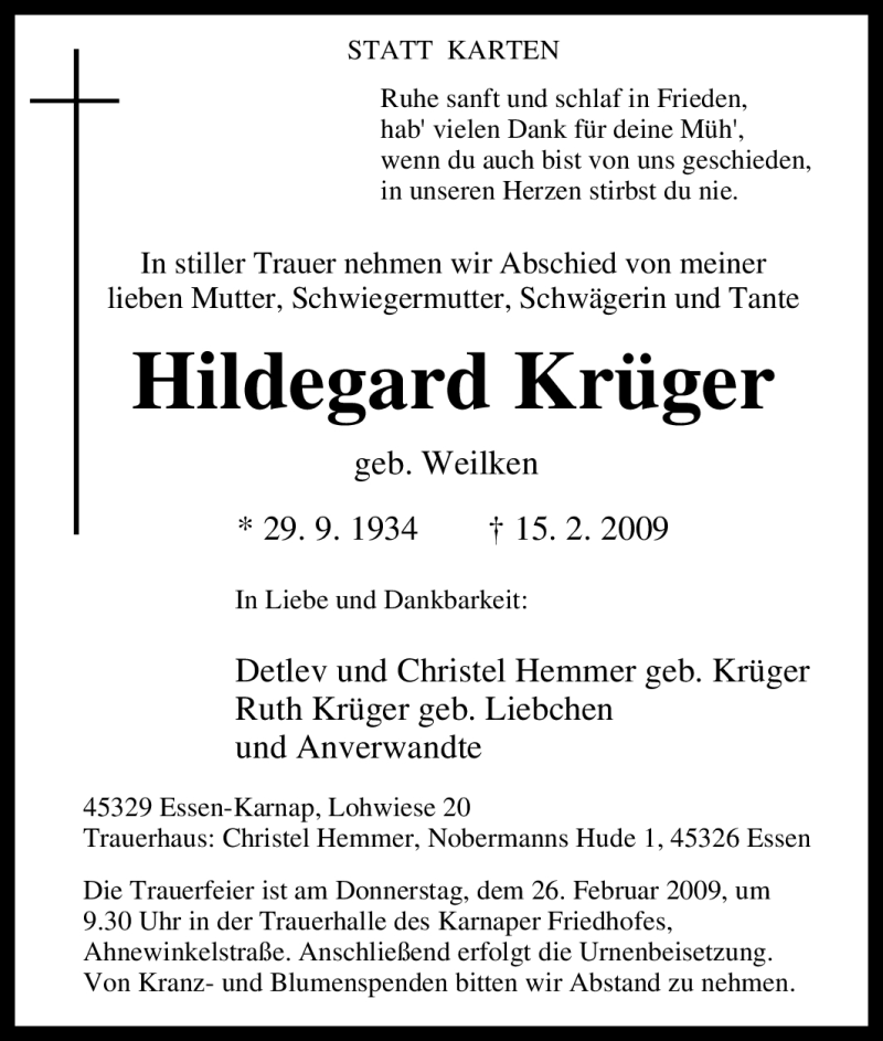  Traueranzeige für Hildegard Krüger vom 21.02.2009 aus Tageszeitung
