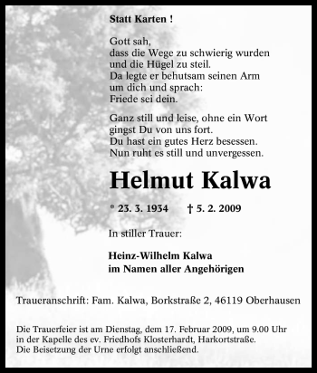 Traueranzeige von Helmut Kalwa von Tageszeitung