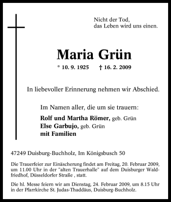 Traueranzeige von Maria Grün von Tageszeitung