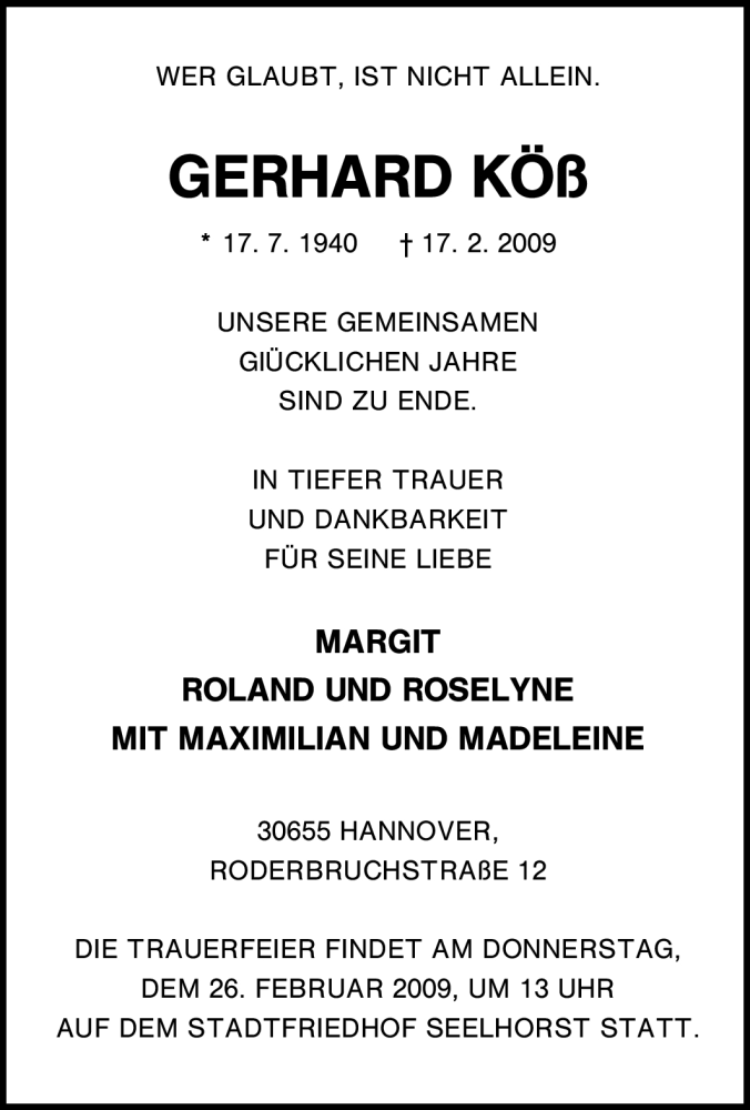  Traueranzeige für Gerhard Köß vom 21.02.2009 aus Tageszeitung