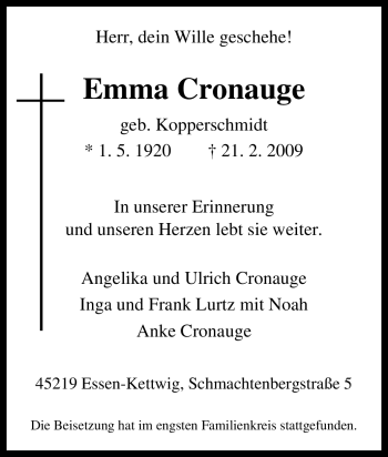 Traueranzeige von Emma Cronauge von Tageszeitung