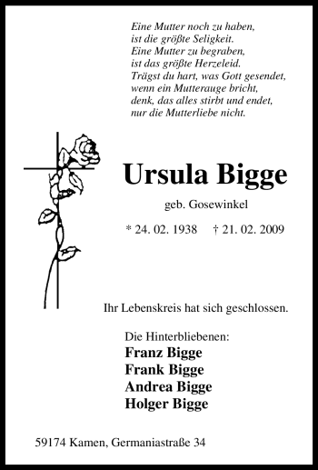 Traueranzeige von Ursula Bigge von Tageszeitung