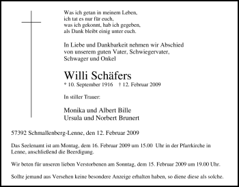 Traueranzeige von Willi Schäfers von Tageszeitung