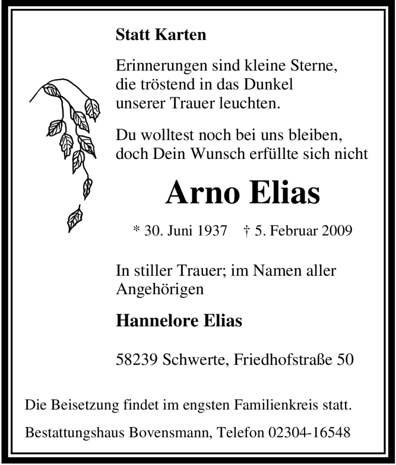  Traueranzeige für Arno Elias vom 07.02.2009 aus Tageszeitung