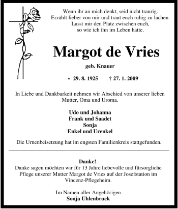 Traueranzeige von Margot de Vries von Tageszeitung
