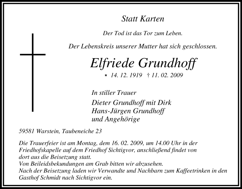  Traueranzeige für Elfriede Grundhoff vom 13.02.2009 aus Tageszeitung