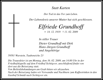 Traueranzeige von Elfriede Grundhoff von Tageszeitung