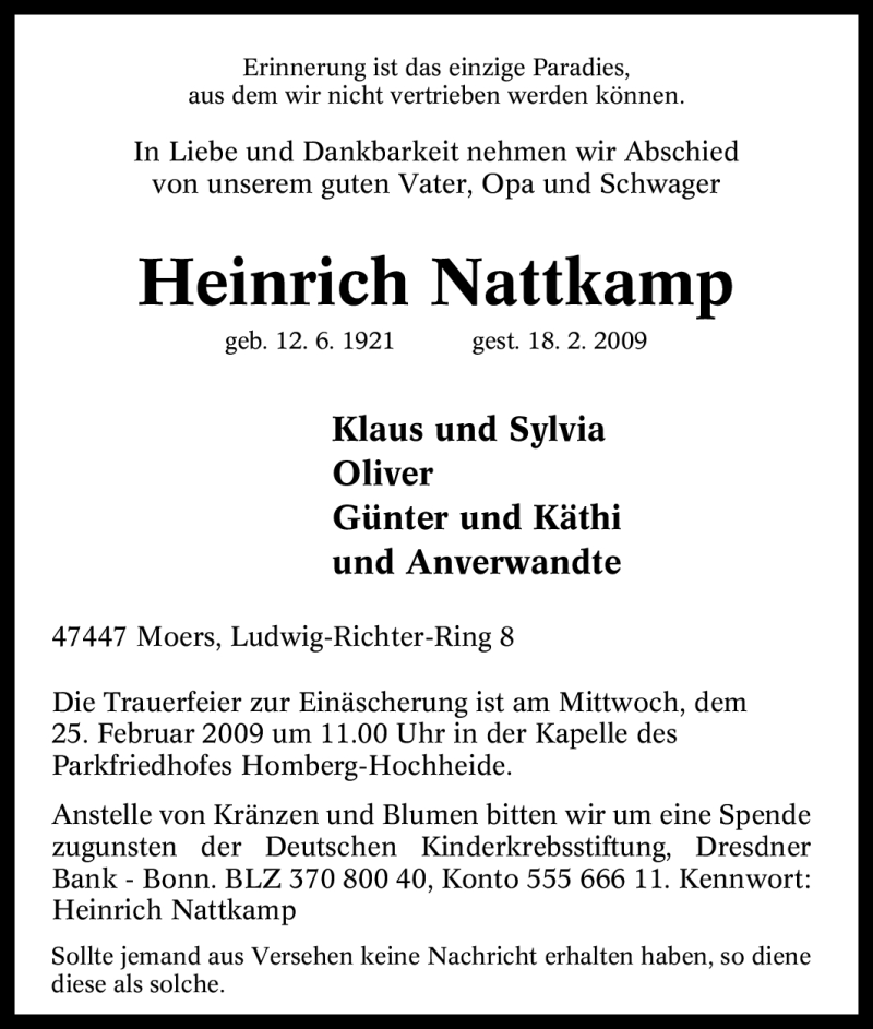  Traueranzeige für Heinrich Nattkamp vom 20.02.2009 aus Tageszeitung