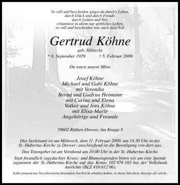 Traueranzeige von Gertrud Köhne von Tageszeitung
