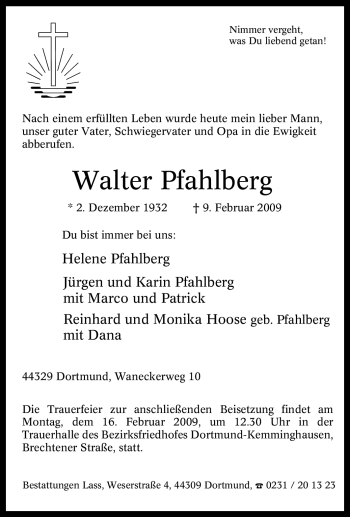 Traueranzeige von Walter Pfahlberg von Tageszeitung