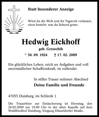 Traueranzeige von Hedwig Eickhoff von Tageszeitung