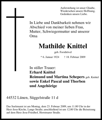 Traueranzeige von Mathilde Knittel von Tageszeitung