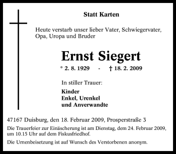 Traueranzeige von Ernst Siegert von Tageszeitung