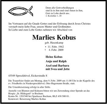 Traueranzeige von Marlies Kobus von Tageszeitung