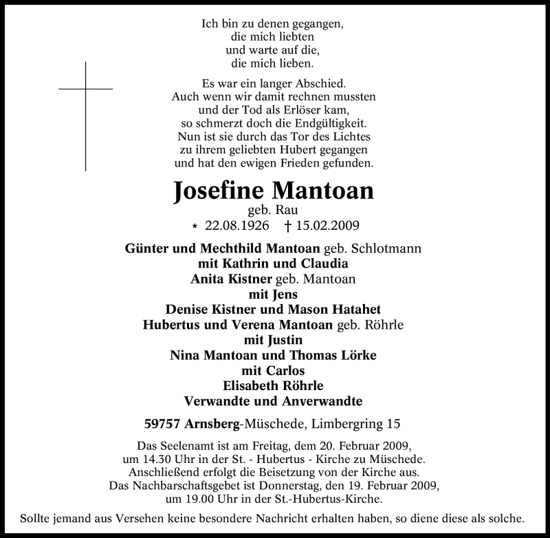  Traueranzeige für Josefine Mantoan vom 17.02.2009 aus Tageszeitung