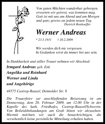 Traueranzeige von Werner Andreas von Tageszeitung
