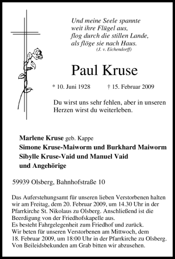 Traueranzeige von Paul Kruse von Tageszeitung