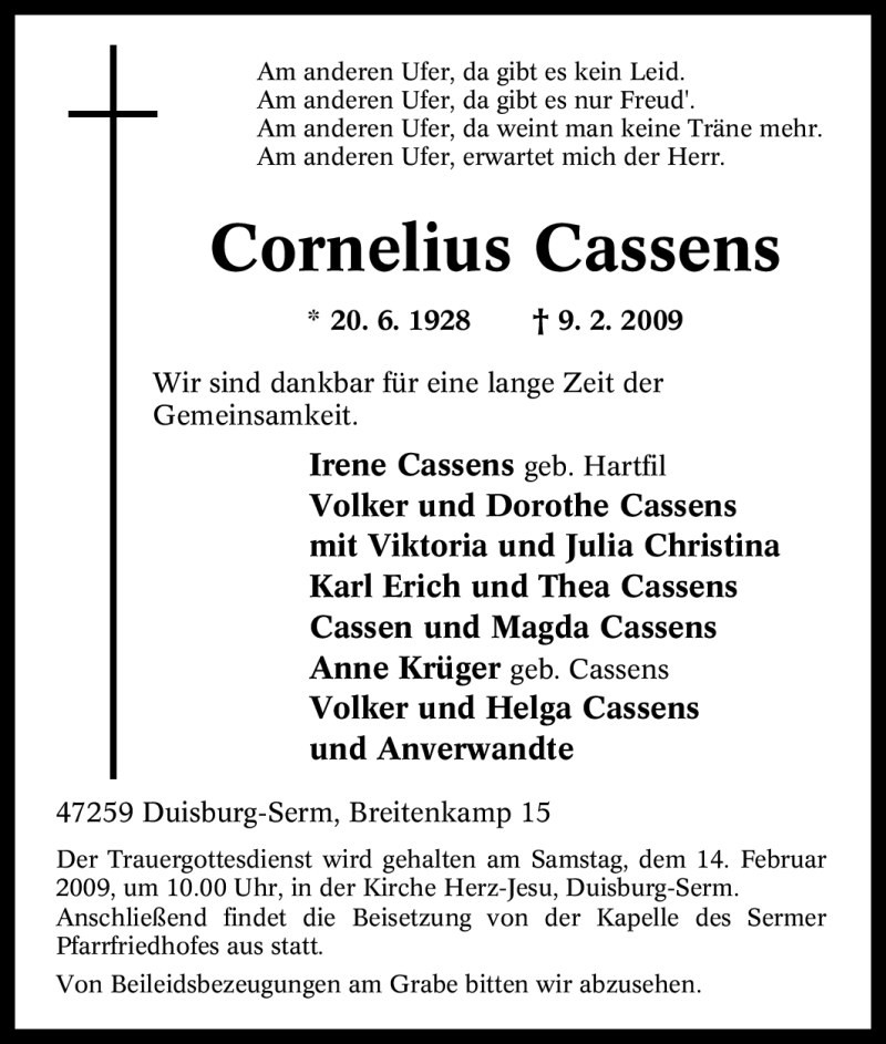  Traueranzeige für Cornelius Cassens vom 12.02.2009 aus Tageszeitung