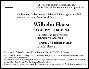 Traueranzeige von Wilhelm Haase von Tageszeitung