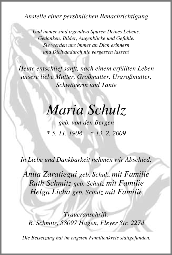 Traueranzeige für Maria Schulz vom 21.02.2009 aus Tageszeitung