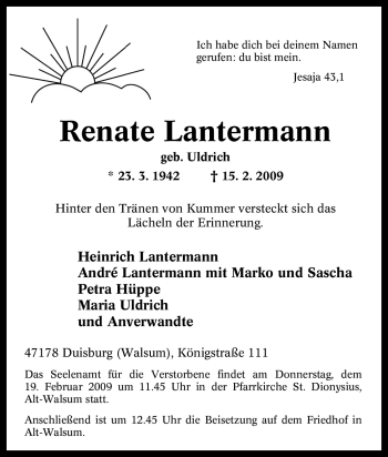 Traueranzeige von Renate Lantermann von Tageszeitung