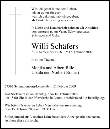 Traueranzeige von Willi Schäfers von Tageszeitung