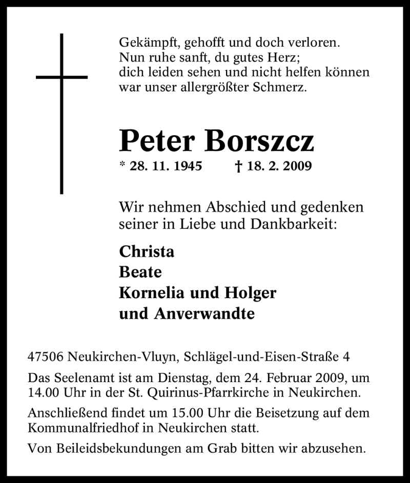  Traueranzeige für Peter Borszcz vom 20.02.2009 aus Tageszeitung
