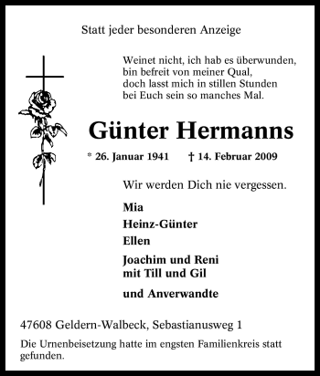 Traueranzeige von Günter Hermanns von Tageszeitung