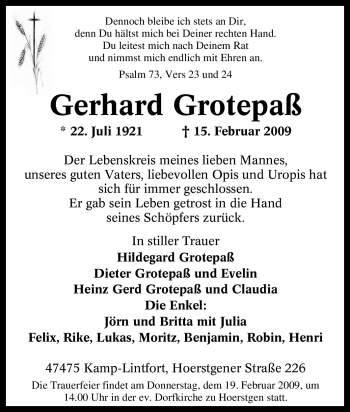 Traueranzeige von Gerhard Grotepaß von Tageszeitung
