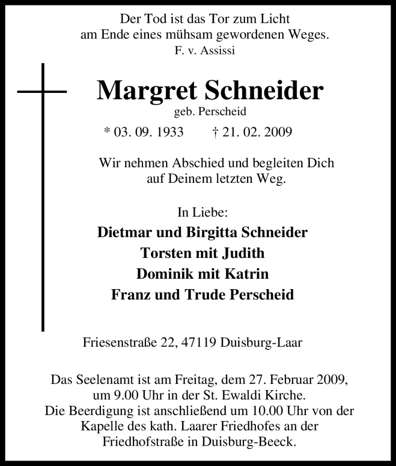  Traueranzeige für Margret Schneider vom 23.02.2009 aus Tageszeitung