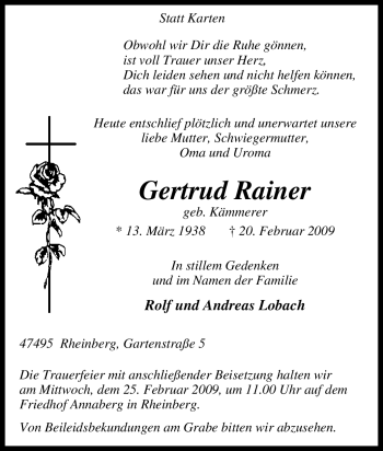 Traueranzeige von Gertrud Rainer von Tageszeitung