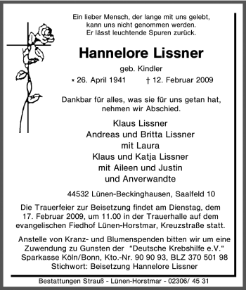 Traueranzeige von Hannelore Lissner von Tageszeitung