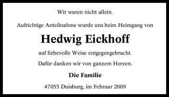 Traueranzeige von Hedwig Eickhoff von Tageszeitung
