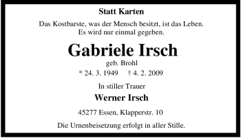 Traueranzeige von Gabriele Irsch von Tageszeitung