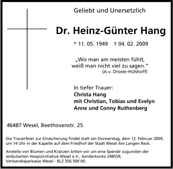 Traueranzeige von Heinz-Günter Hang von Tageszeitung