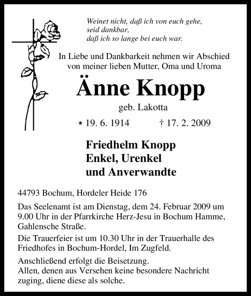  Traueranzeige für Änne Knopp vom 19.02.2009 aus Tageszeitung