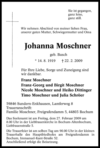 Traueranzeige von Johanna Moschner von Tageszeitung