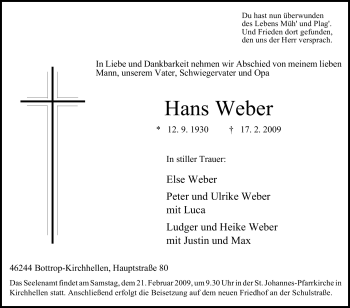 Traueranzeige von Hans Weber von Tageszeitung